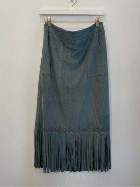 Suede Fringe Midi Skirt in Dusty Teal